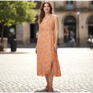 J.Jill Whimsical Orange Boho Paisley Rayon Midi Dress Sleeveless V-Neck Size 3X